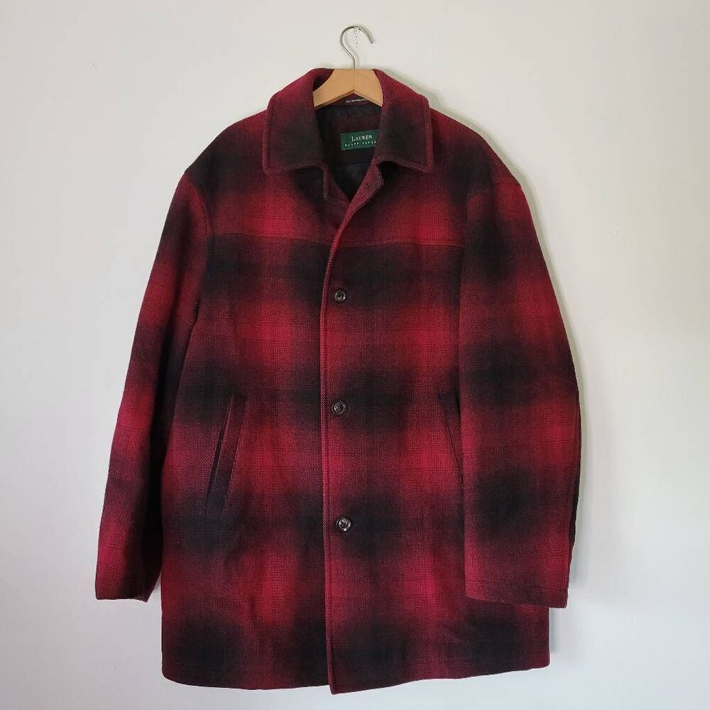 Lauren Ralph Lauren Red Black Plaid Wool Coat Quilted Lined Classic Overcoat